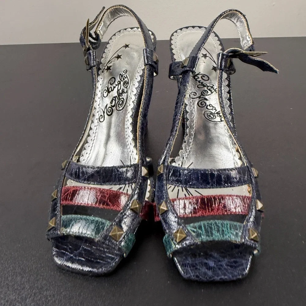 Naughty Monkey Slingback Block Heels Women's 6 Blue Leather Studded Straps Y2K